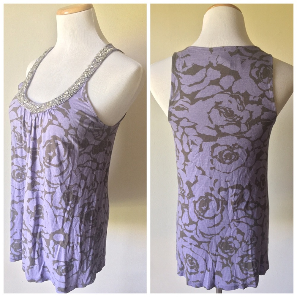 INC Silver Jeweled Neckline Floral Tank